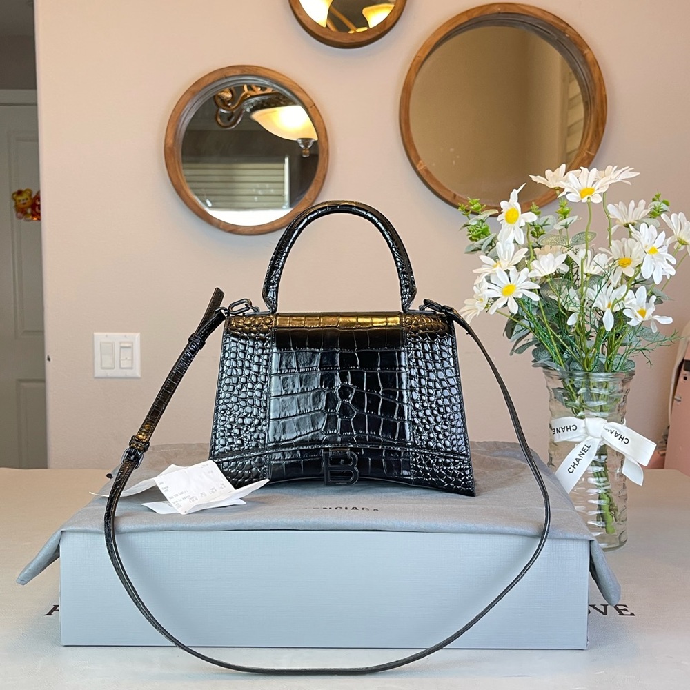 BALENCIAGA WOMEN'S HOURGLASS SMALL HANDBAG CROCODILE EMBOSSED IN BLACK